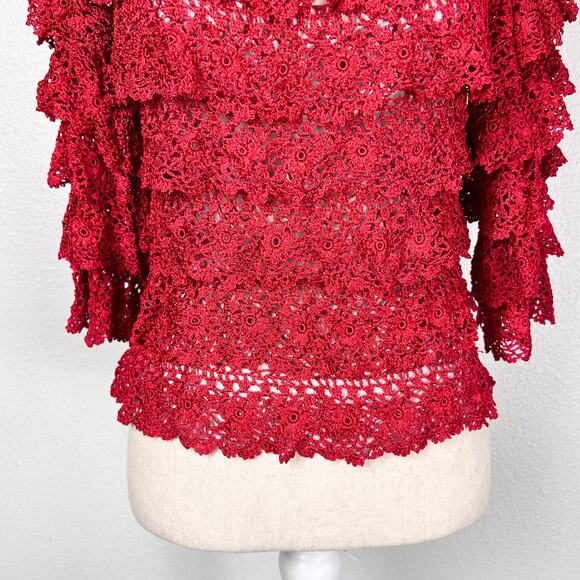 Anea A Red Crochet Lace Ruffle Sleeve Top S/M Boho Romantic Y2K Cottagecore - Picture 6 of 8